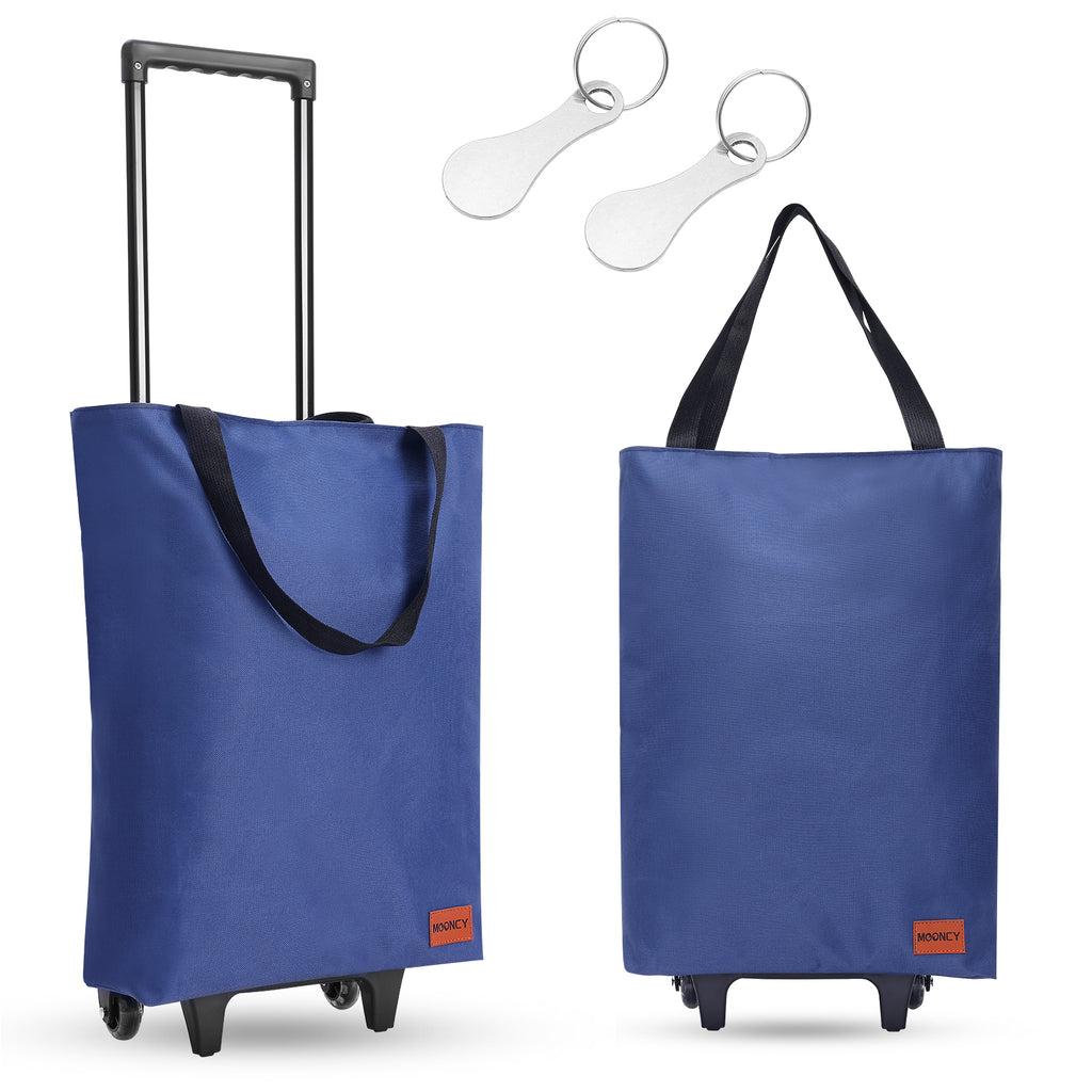 MOONCY 2-in-1 Einkaufstrolley, 30L Große Einkaufstasche auf Rollen, Leichter Einkaufswagen Klappbar für Camping und Reisen, Inklusive Einkaufswagenlöser, Blau