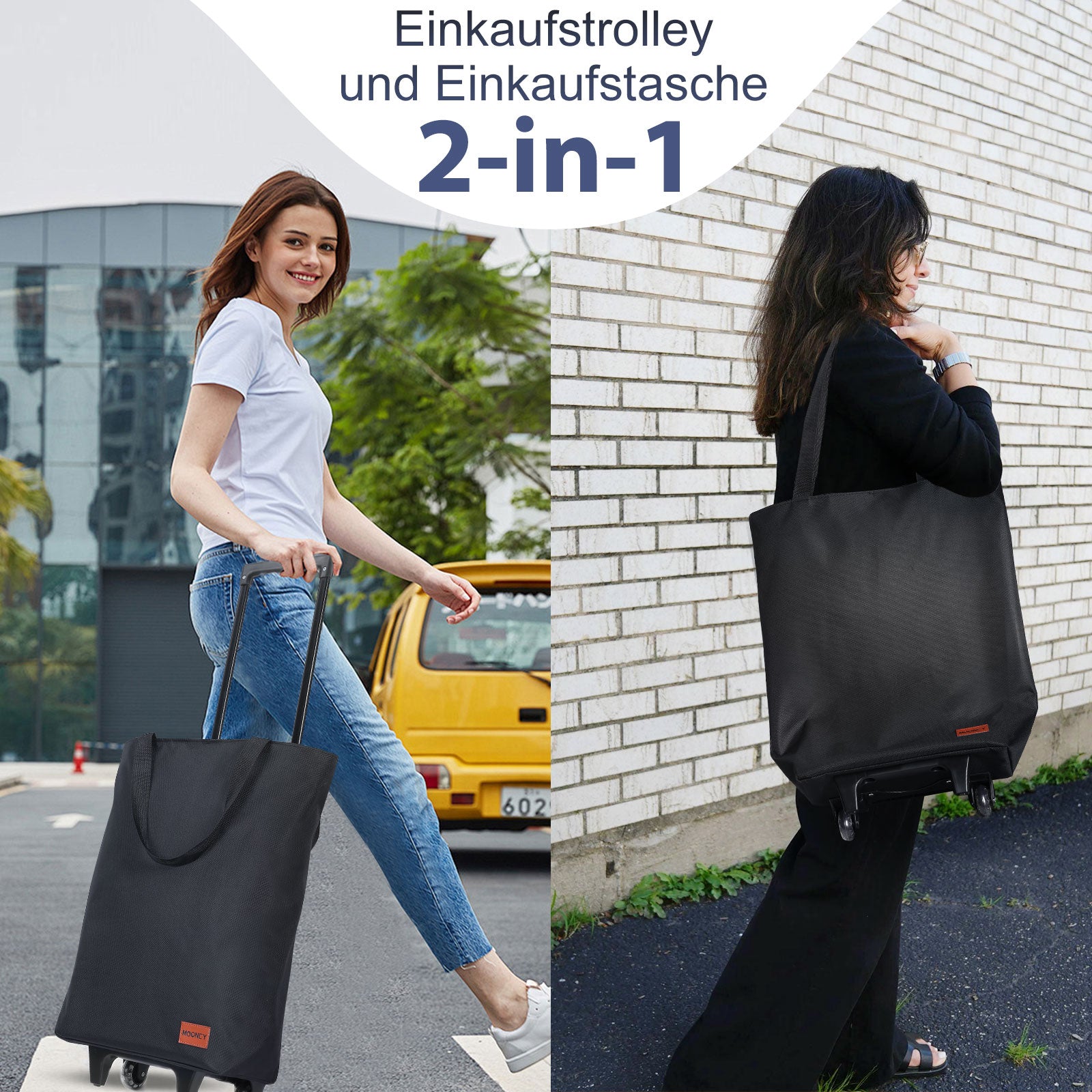 MOONCY 2-in-1 Einkaufstrolley, 30L Große Einkaufstasche auf Rollen, Leichter Einkaufswagen Klappbar für Camping und Reisen, Inklusive Einkaufswagenlöser, Blau