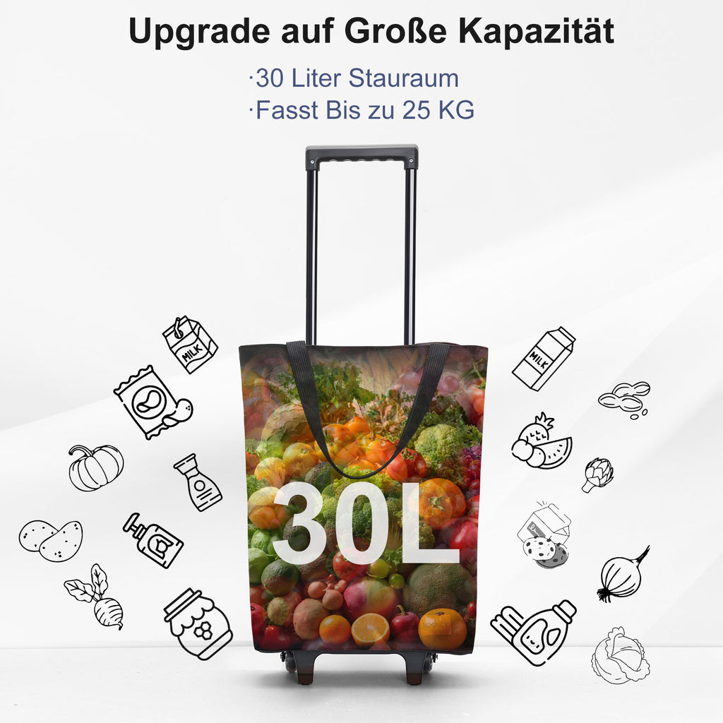MOONCY 2-in-1 Einkaufstrolley, 30L Große Einkaufstasche auf Rollen, Leichter Einkaufswagen Klappbar für Camping und Reisen, Inklusive Einkaufswagenlöser, Blau