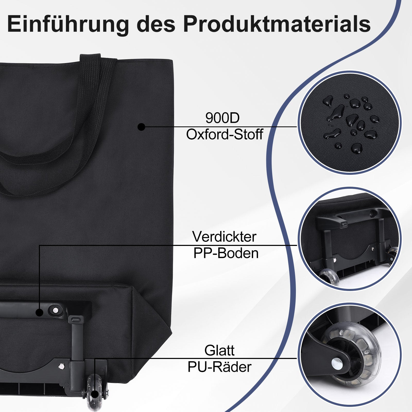 MOONCY 2-in-1 Einkaufstrolley, 30L Große Einkaufstasche auf Rollen, Leichter Einkaufswagen Klappbar für Camping und Reisen, Inklusive Einkaufswagenlöser, Blau