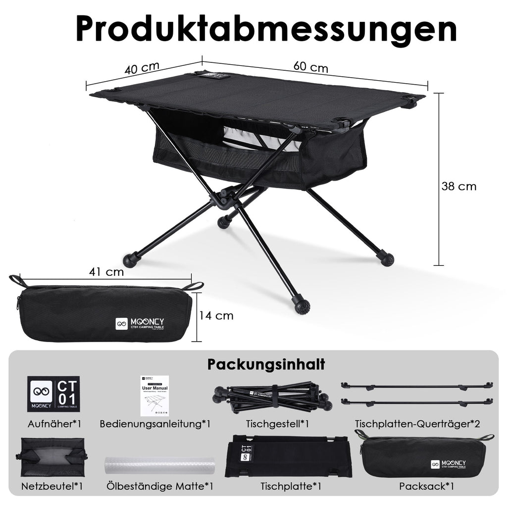 MOONCY Campingtisch Klappbar, Ultraleichter Klapptisch mit Ölbeständiger Matte und Netzbeutel, Tragbarer Picknicktisch bis 35 kg belastbar, ideal für Wandern, Angeln, Grillen und Strand