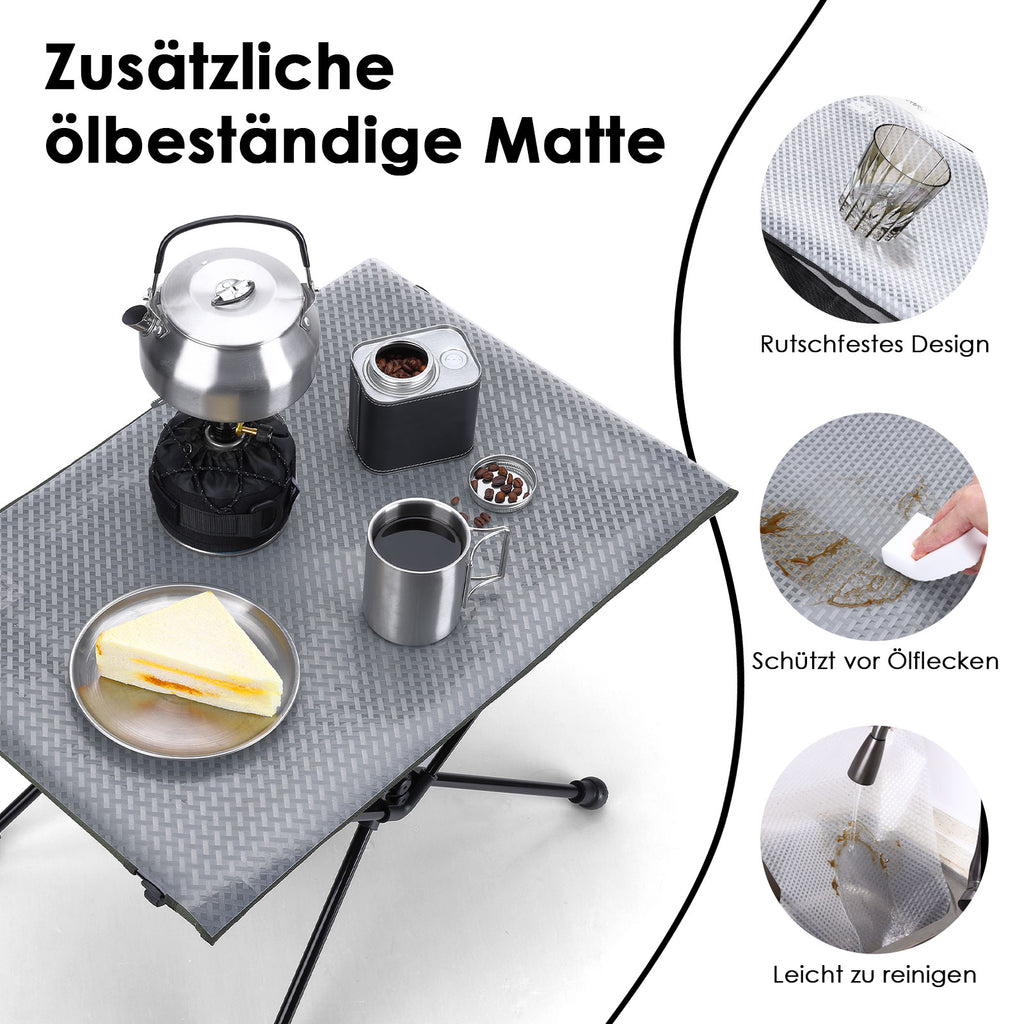 MOONCY Campingtisch Klappbar, Ultraleichter Klapptisch mit Ölbeständiger Matte und Netzbeutel, Tragbarer Picknicktisch bis 35 kg belastbar, ideal für Wandern, Angeln, Grillen und Strand